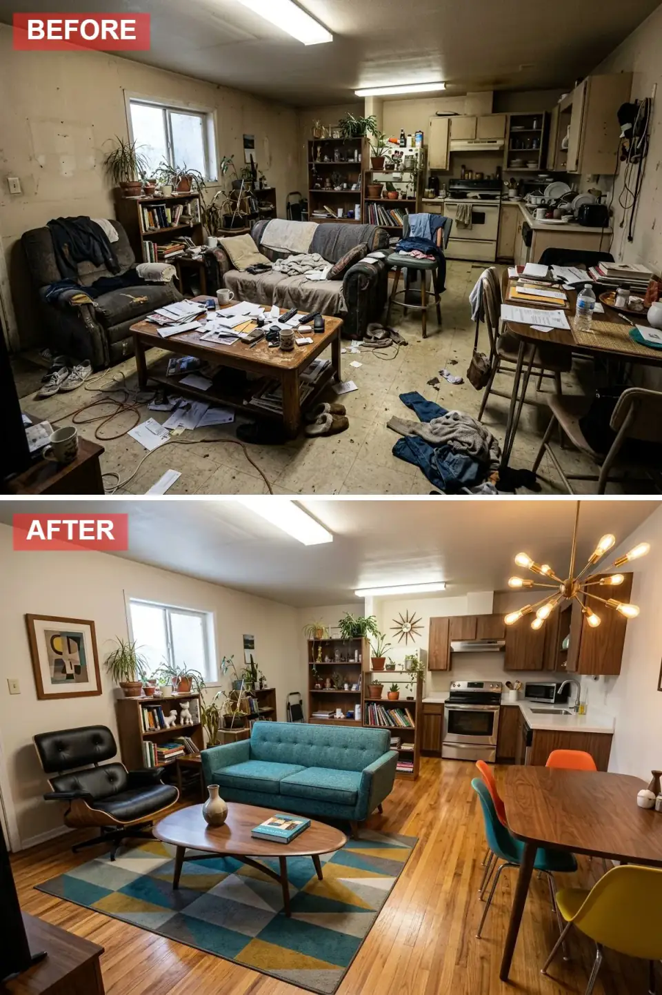 Open-plan space reimagined in mid-century modern style with restored golden oak hardwood floors, teal tweed sofa, Eames-style lounge chair, walnut coffee table, walnut flat-panel kitchen cabinets, sputnik chandelier, and geometric patterned area rug.