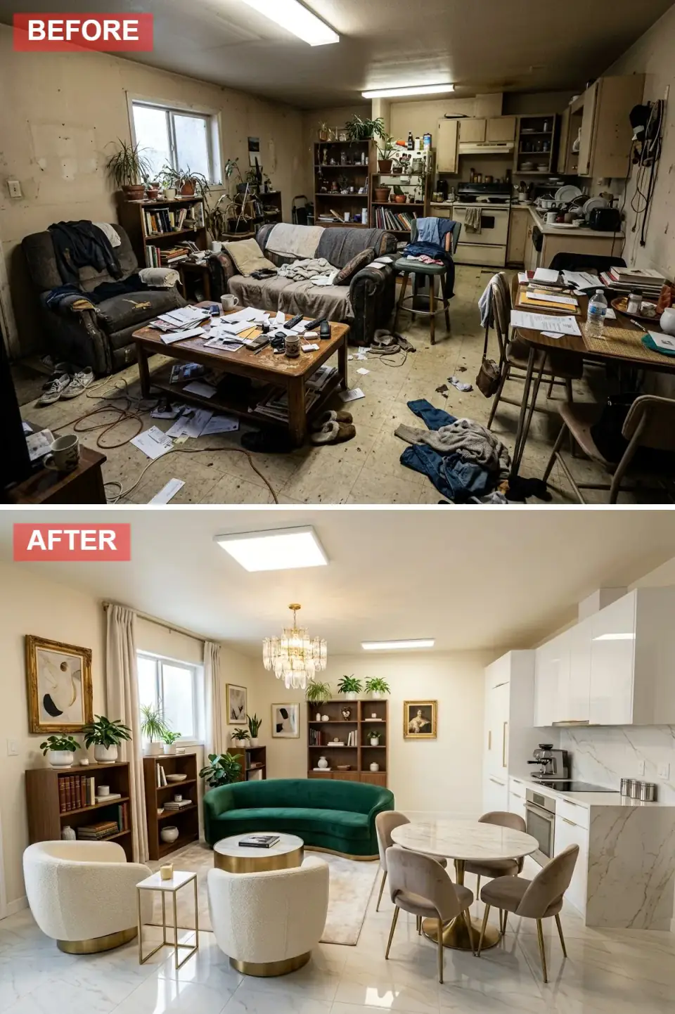 Open-plan room transformed in quiet luxury glamour style with large-format white marble flooring, crystal chandelier, curved emerald green velvet sofa, white boucle swivel chairs with brass bases, high-gloss white kitchen cabinets with marble backsplashes and brass hardware.