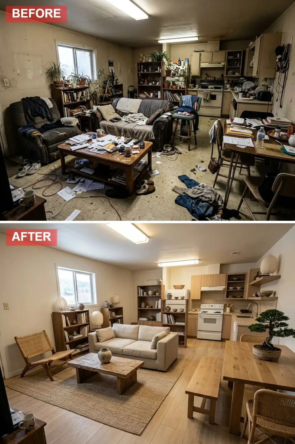Open-plan room transformed into a Japandi zen retreat with pale ash wood floors, jute area rug, low-profile natural linen sofa, woven wood chair, minimalist pale wood kitchen cabinets, open shelving with earthenware, and paper lantern lighting.