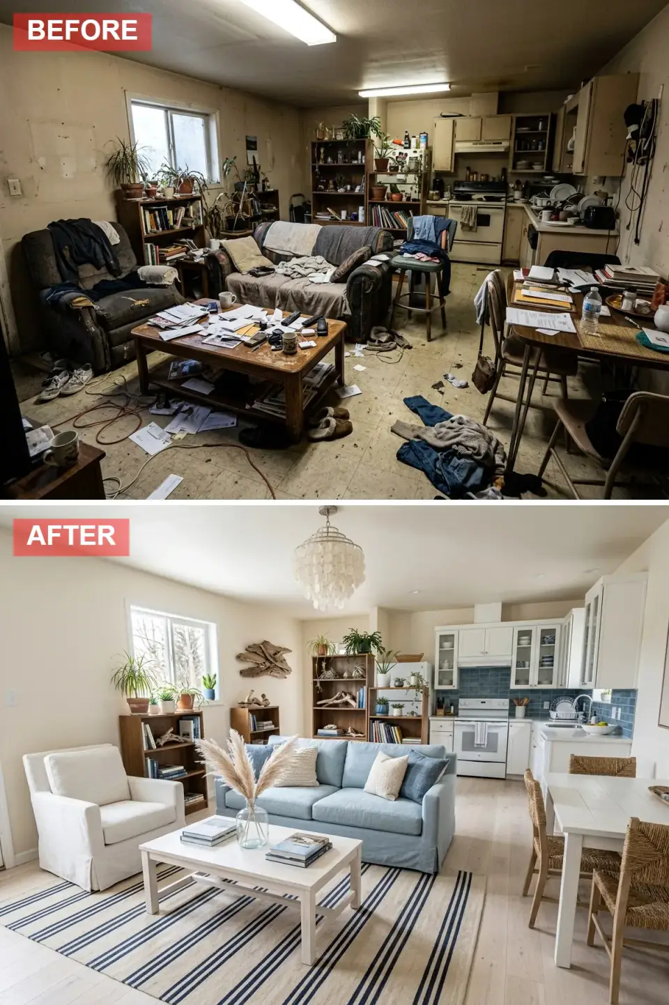 Open-plan room transformed into bright coastal style with crisp white walls and kitchen cabinets, light wood flooring, sky blue linen sofa, white armchair, large navy and white striped area rug, rattan dining chairs, driftwood artwork, and capiz shell chandelier.