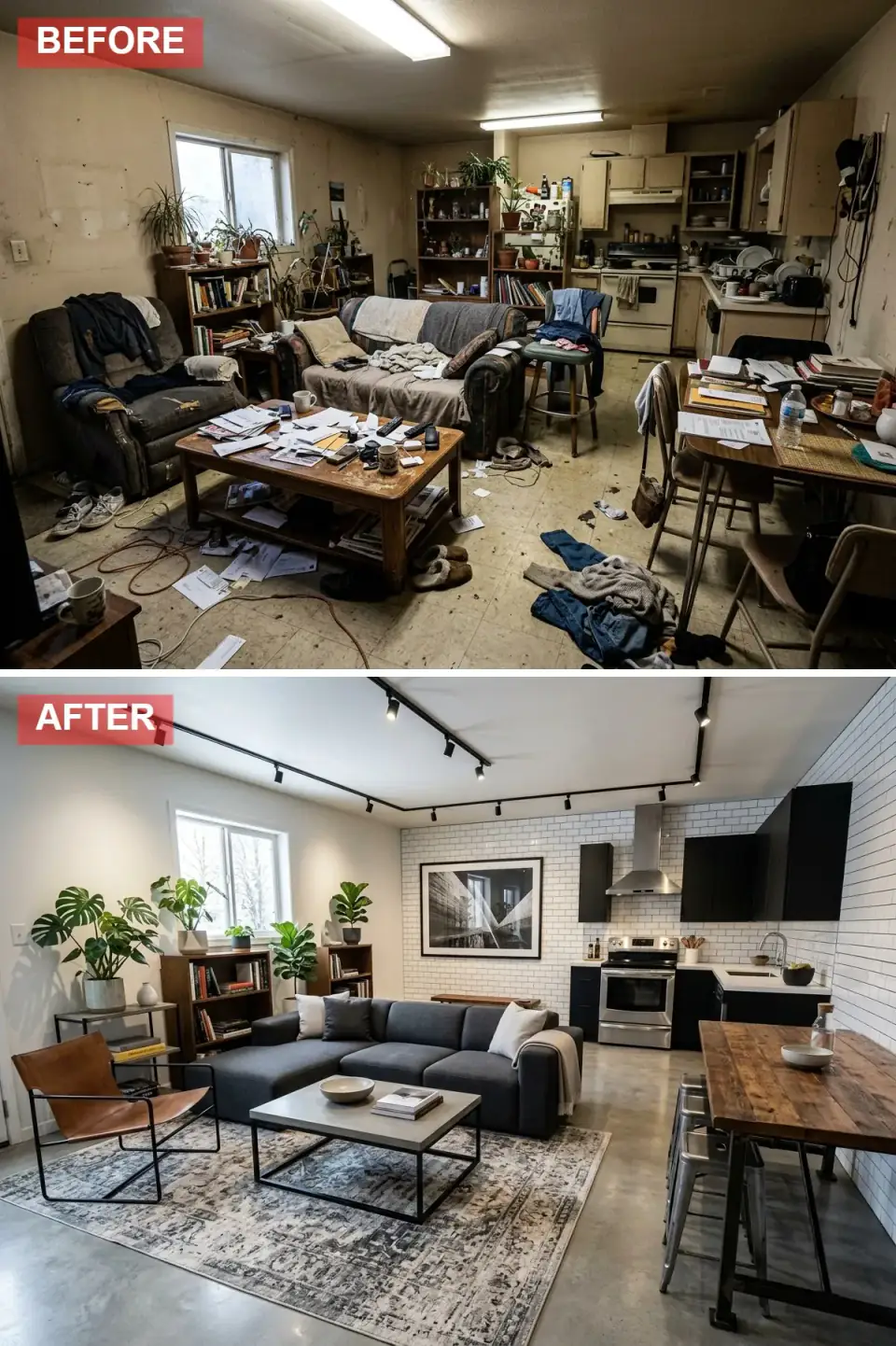 Open-plan space transformed into modern industrial loft with matte black kitchen cabinets, white subway tile backsplash with dark grout, stainless steel range hood, polished concrete flooring, dark grey sectional, black leather sling chair, reclaimed wood dining table, and black track lighting.