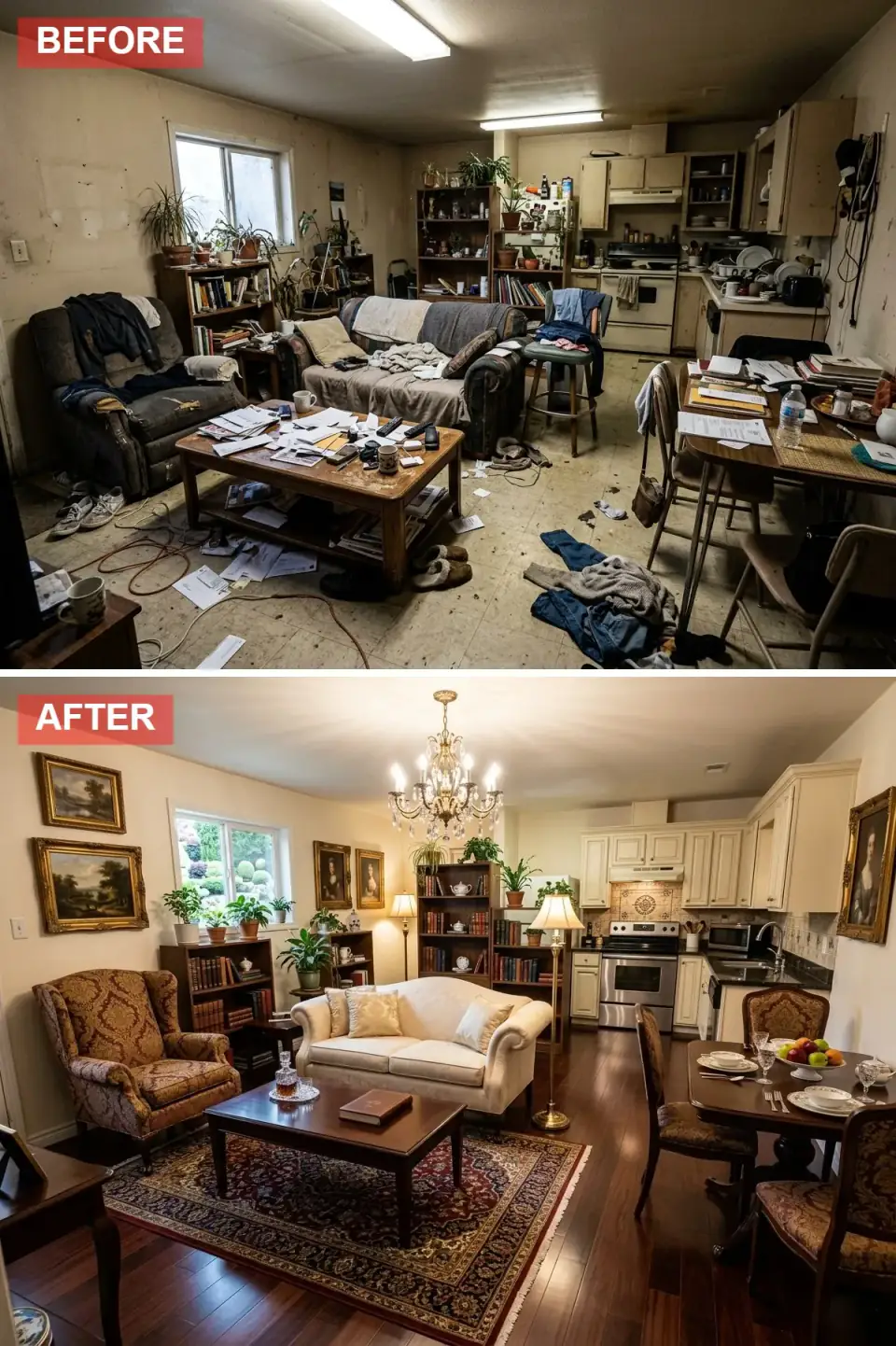 Open-plan space transformed into classic traditional elegance with dark walnut hardwood floors, creamy raised-panel kitchen cabinets, patterned tile backsplash, cream rolled-arm sofa, burgundy patterned wingback chair, Persian-style area rug, crystal chandelier, and silk-shaded floor lamp.
