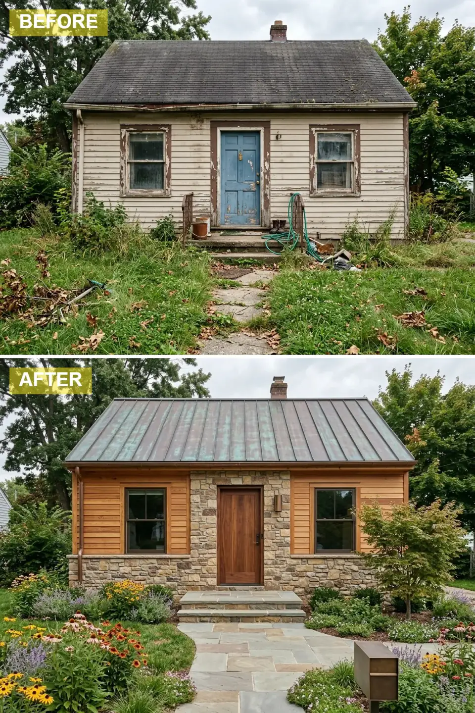 Small cottage reborn as a rustic Craftsman cabin with warm cedar upper siding, fieldstone veneer base, copper standing-seam roof, and a flagstone path through a pollinator garden