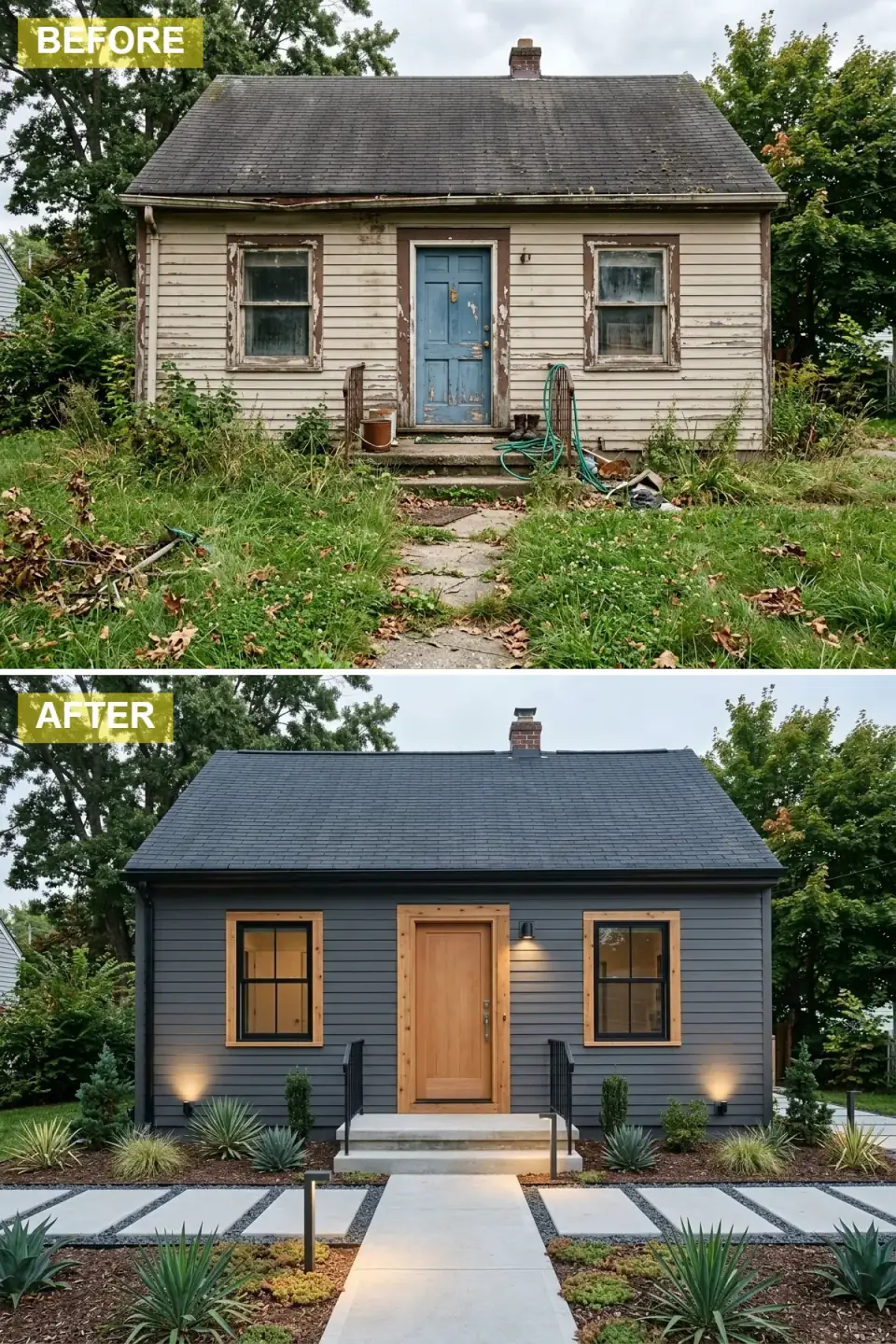 Cottage clad in matte charcoal siding and roof with thick light-ash wood trim framing a slab door and black windows, up-lighting on the facade, and geometric concrete pavers set in black basalt gravel
