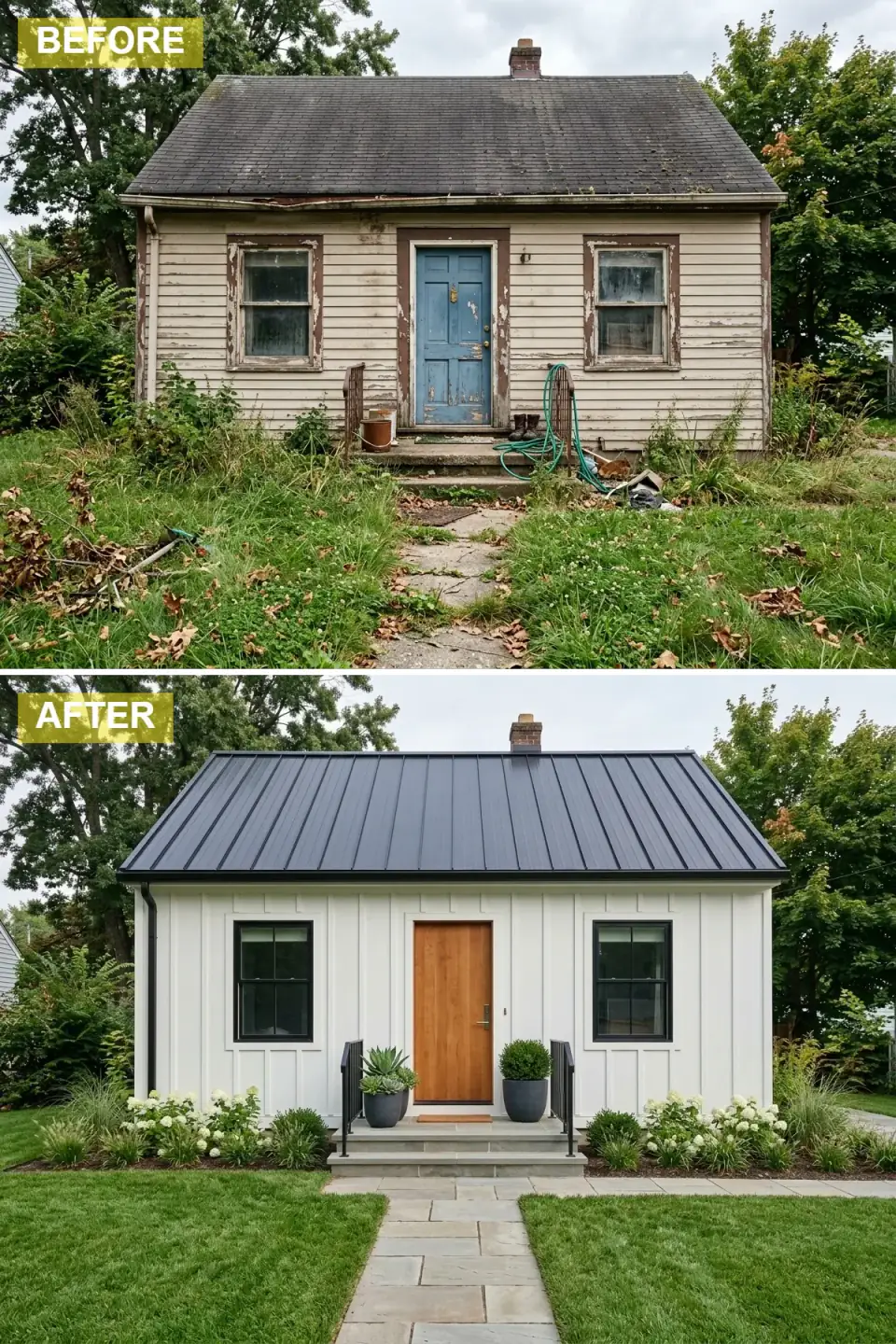 Cottage with crisp white board-and-batten siding, a black standing-seam roof, black-framed windows, a warm oak slab door, flagstone steps and path, and white hydrangeas with boxwoods in dark planters
