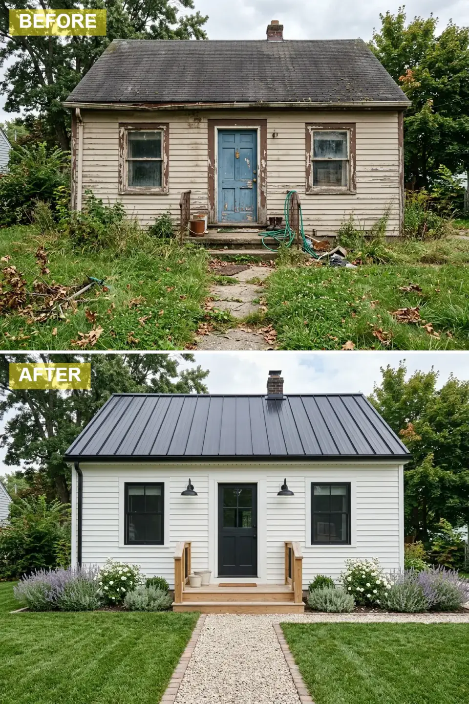 The same cottage as a crisp white modern farmhouse with black standing-seam roof, black-framed windows, a natural pine porch, gooseneck barn lights, and a gravel path lined with hydrangeas