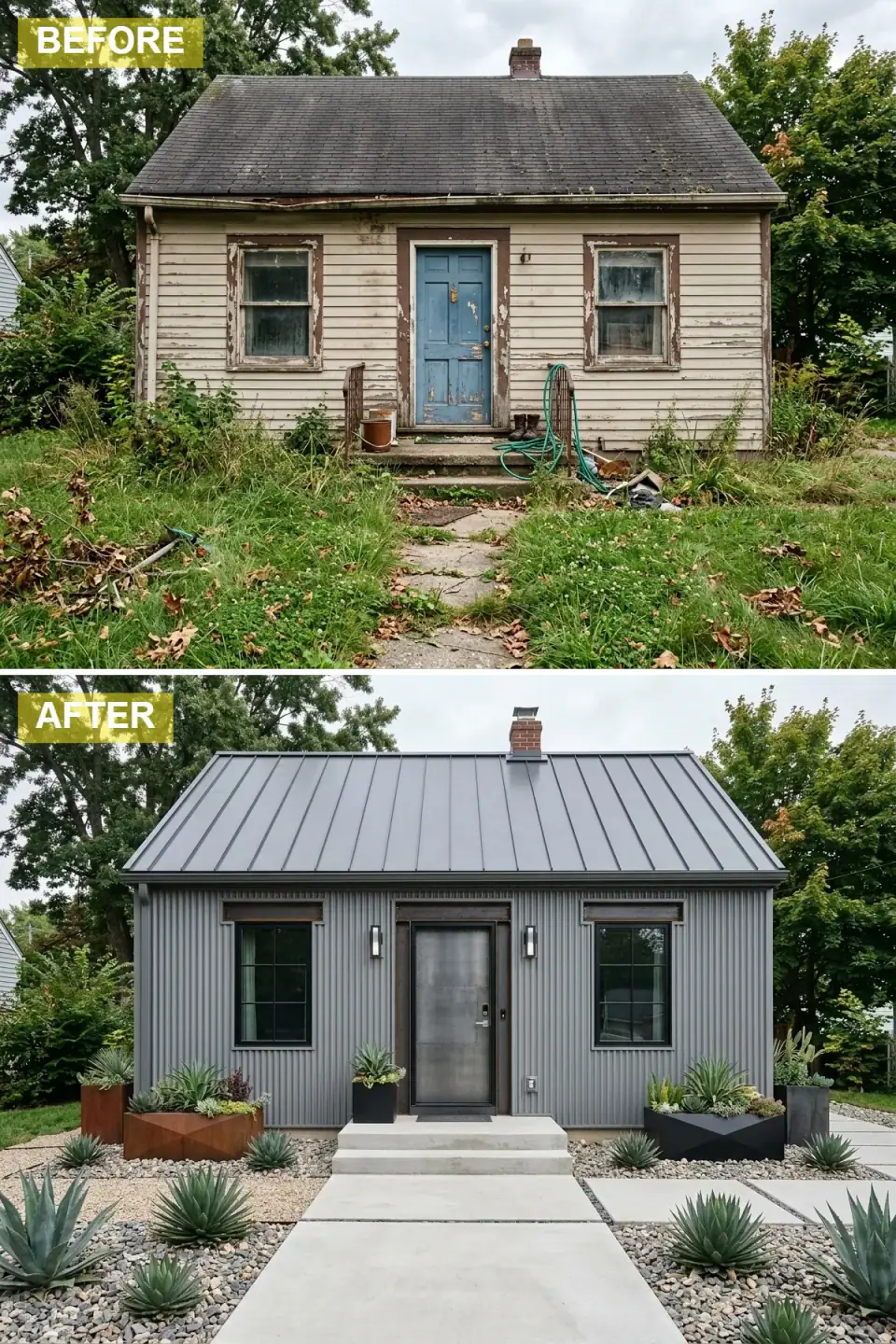 Cottage transformed into an industrial minimalist house clad in grey corrugated metal siding with a matching roof, a metal front door, reclaimed-wood window lintels, and a xeriscape of agaves in geometric concrete planters