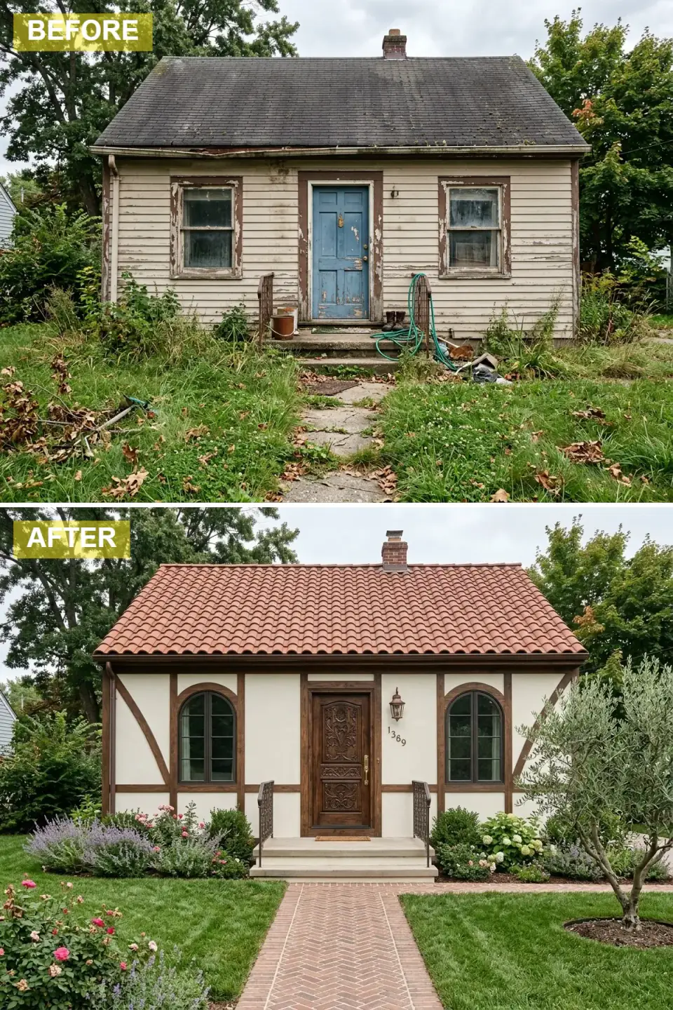 Cottage reimagined as a storybook Tudor with creamy stucco walls, dark timber framing, a terracotta tile roof, an arched carved-wood door, and a herringbone brick path bordered by roses