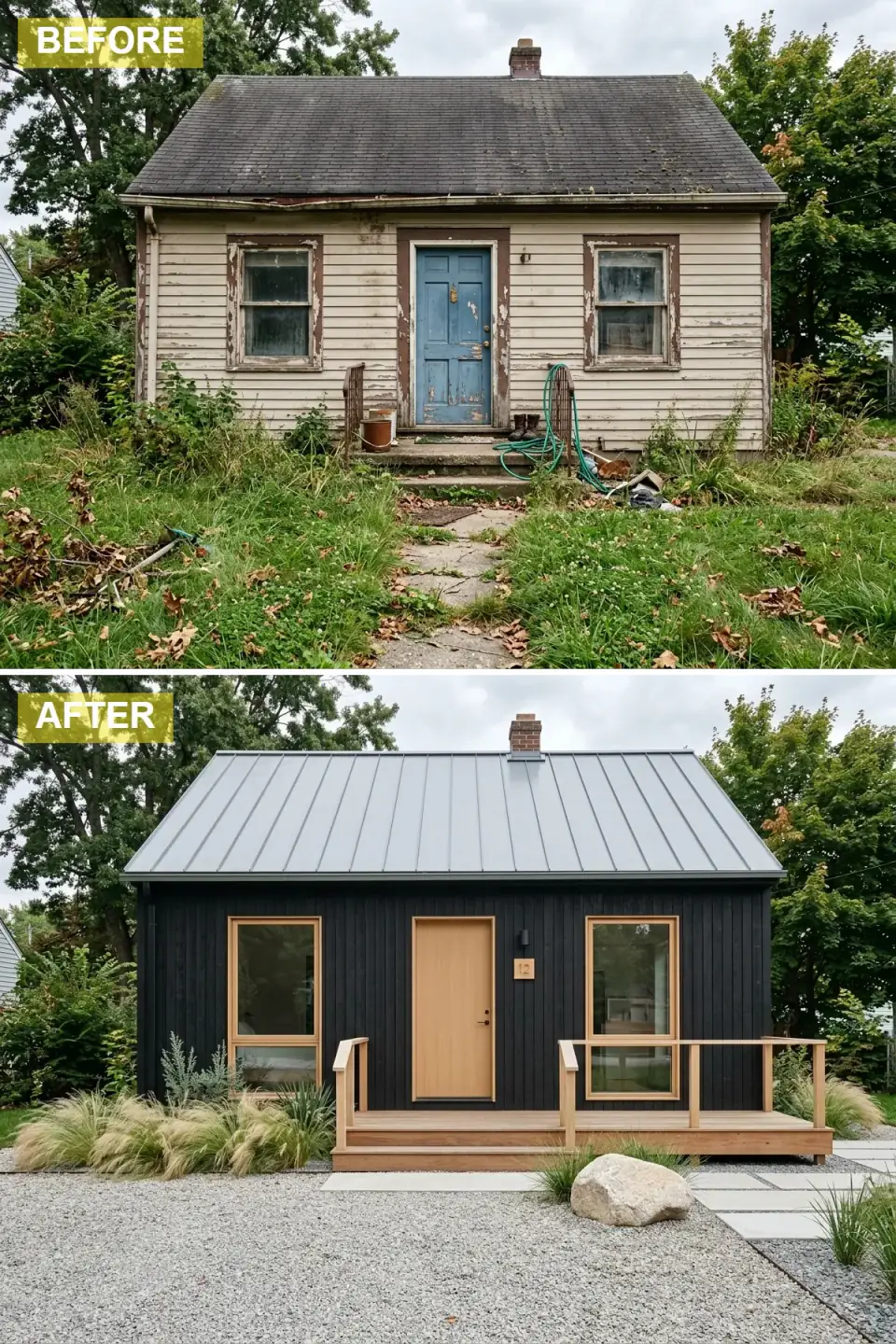 Cottage clad in black vertical siding with a light grey metal roof, a large light-oak deck and slab door, and minimalist landscaping of ornamental grasses, a boulder, and a gravel path with stepping stones