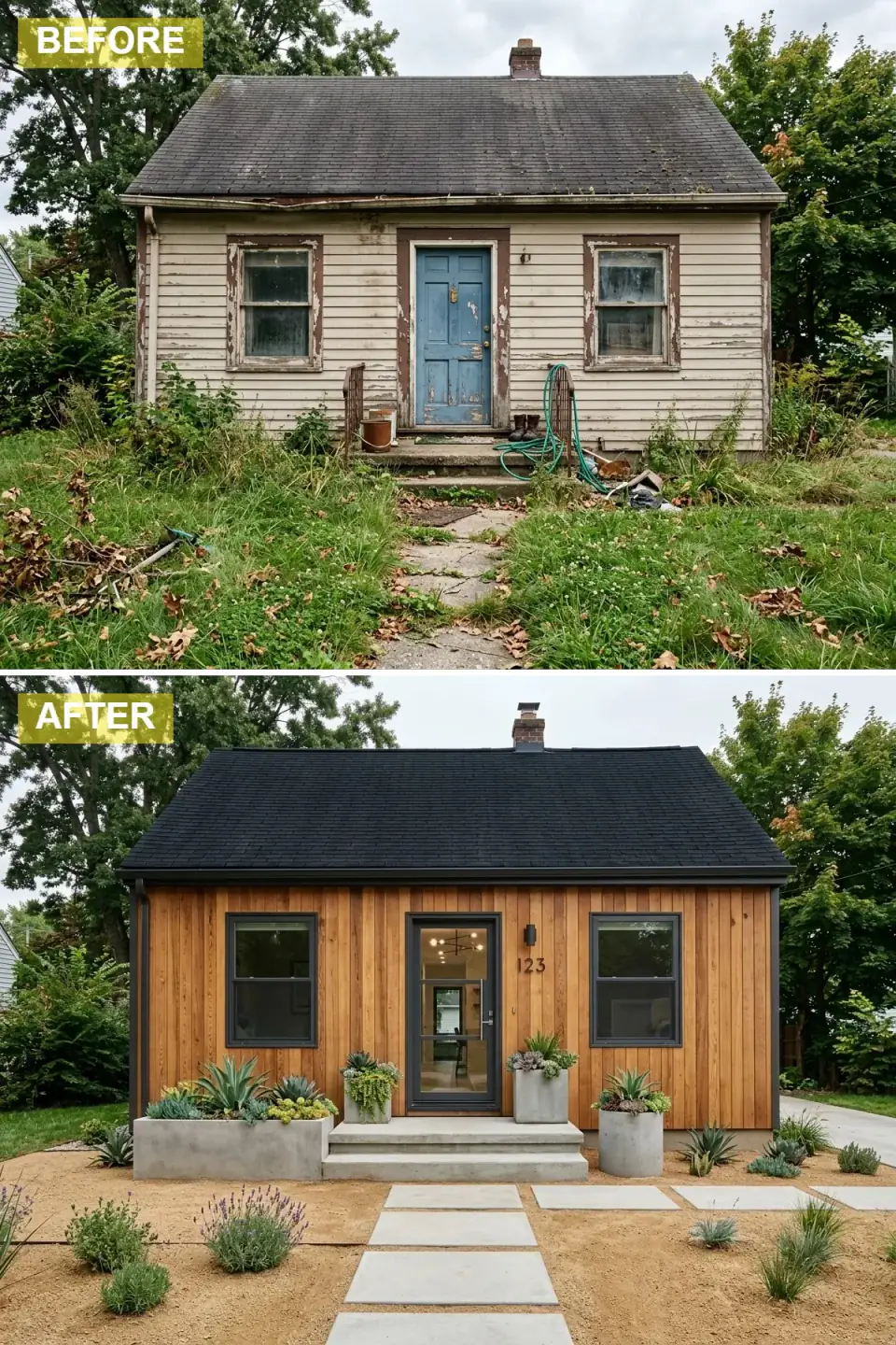 Cottage clad in warm vertical cedar siding with a black shingle roof, a modern glass front door, black-framed windows, and a Southwestern desert garden of succulents in concrete planters over decomposed granite