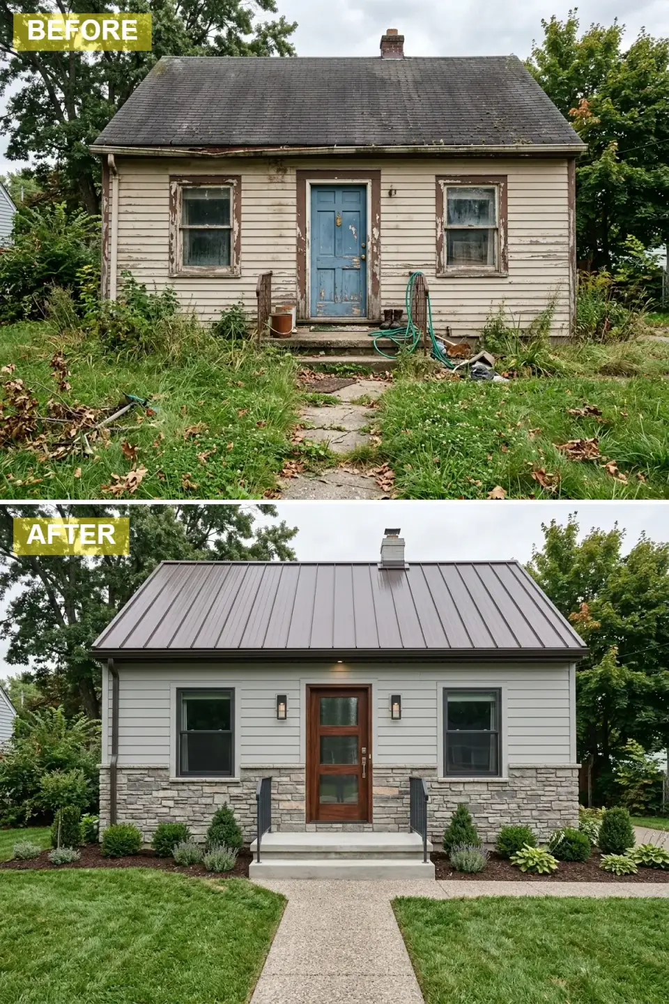 Cottage with light grey horizontal siding above and stacked grey stone veneer below, a bronze metal roof, black-framed windows, a wood-and-glass door, and an exposed-aggregate path bordered by structured shrubs