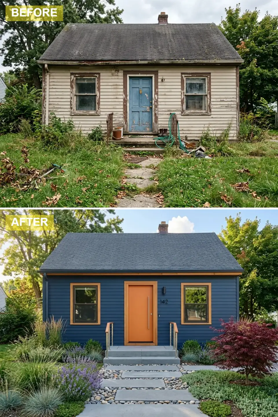 Cottage painted deep navy blue with a vibrant orange slab front door, honey-toned wood window frames and cable railing, concrete steps, and a textural garden of grasses, lavender, and a Japanese maple