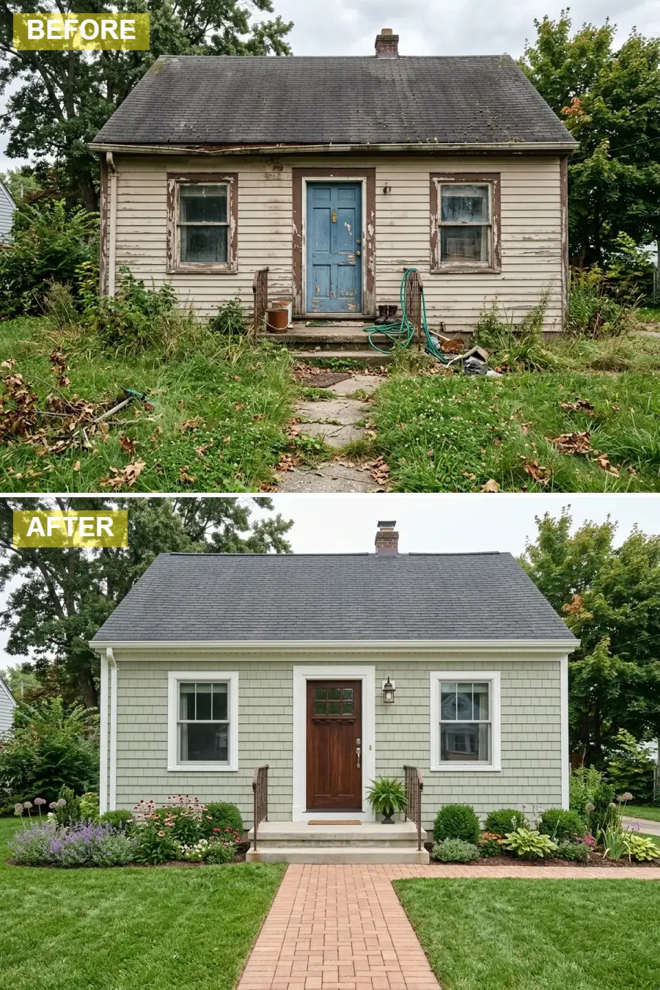 Cottage as a classic Cape Cod with soft sage green shake siding, wide white trim, a mahogany Craftsman door, a grey shingle roof, and a brick path through a lush flowering cottage garden