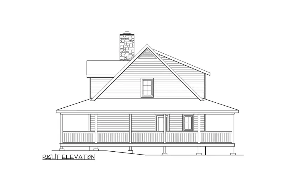 Front exterior rendering of rustic cabin Plan 2286SL with horizontal log-style siding, a steep dark roof, paired dormers, a stone chimney, and a deep wraparound porch
