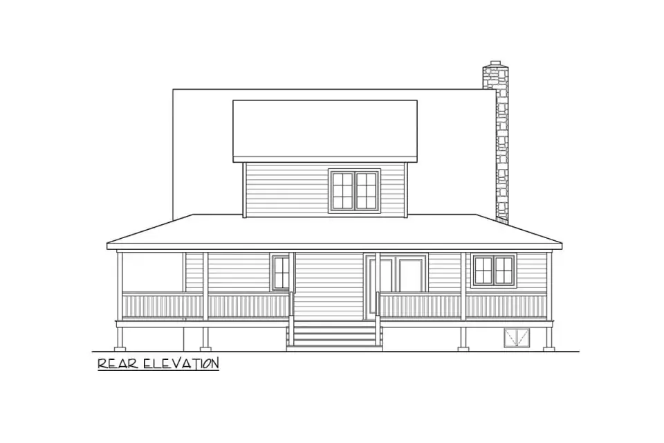 Side elevation of cabin Plan 2286SL showing the wraparound porch extending the full depth under a continuous roof plane