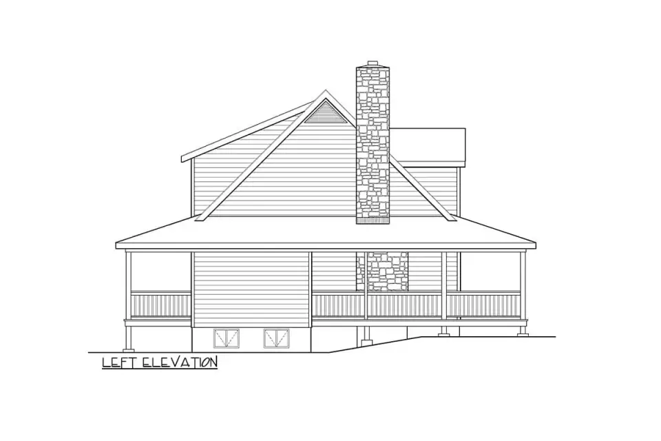 Rear elevation of cabin Plan 2286SL with a centered secondary stair down from the porch