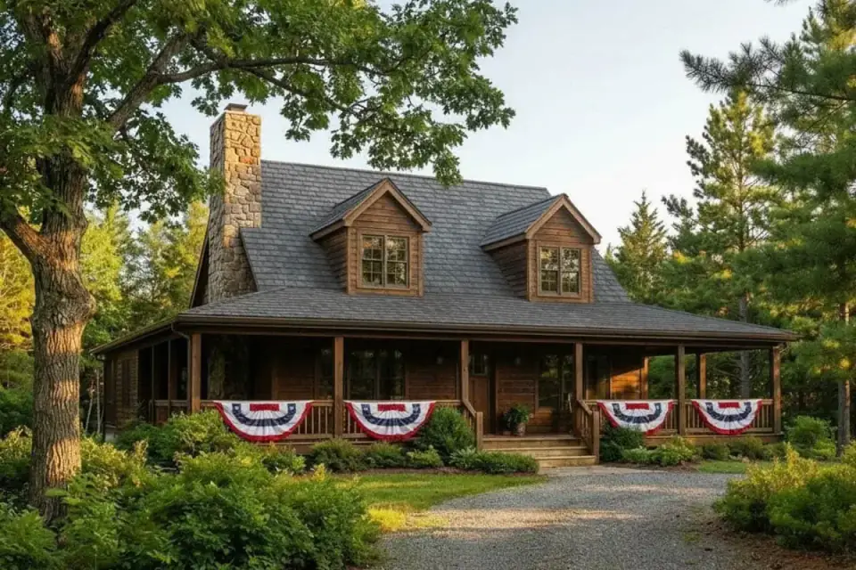 Angled exterior view of cabin Plan 2286SL highlighting paired dormers and deep porch shadow lines