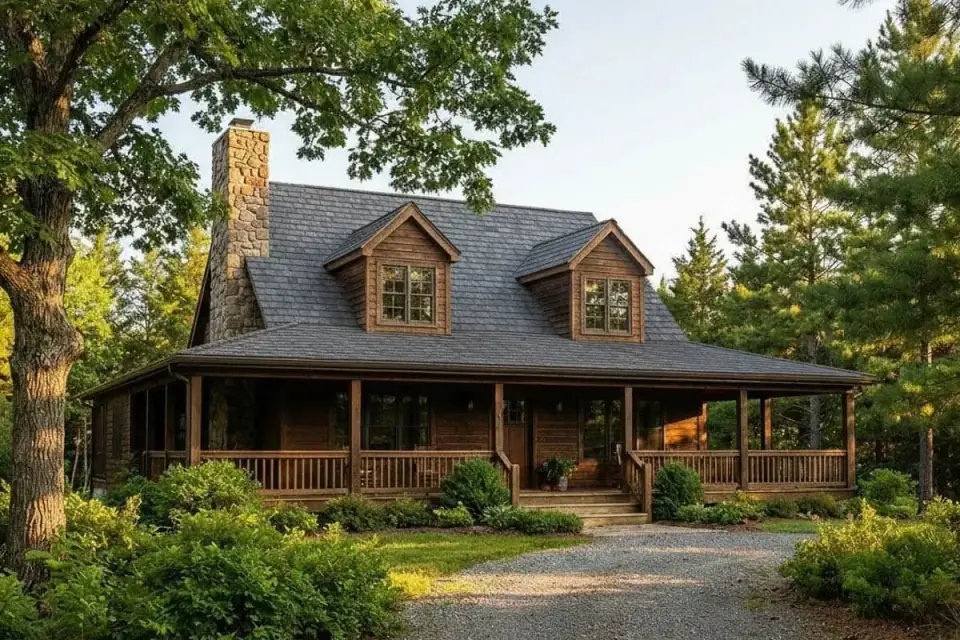 Rendered exterior of cabin Plan 2286SL with dark roofing, wood siding, and a prominent stone chimney on a wooded lot