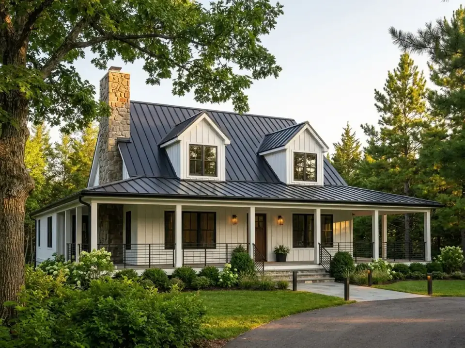 Modern farmhouse facade option for Plan 2286SL with vertical white siding, dark standing-seam metal roof, black window frames, and cable porch railings