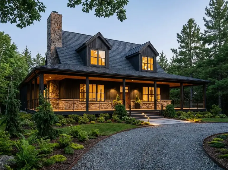 Moody dark rustic facade option for Plan 2286SL with dark-stained cladding, a charcoal roof, and native fern plantings