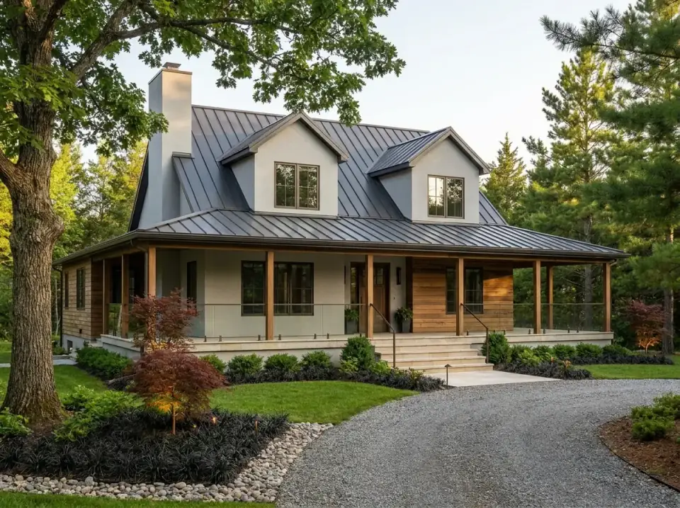 Scandinavian cabin facade option for Plan 2286SL with pale gray siding, natural wood accent panels, cable railings, and a dark metal roof