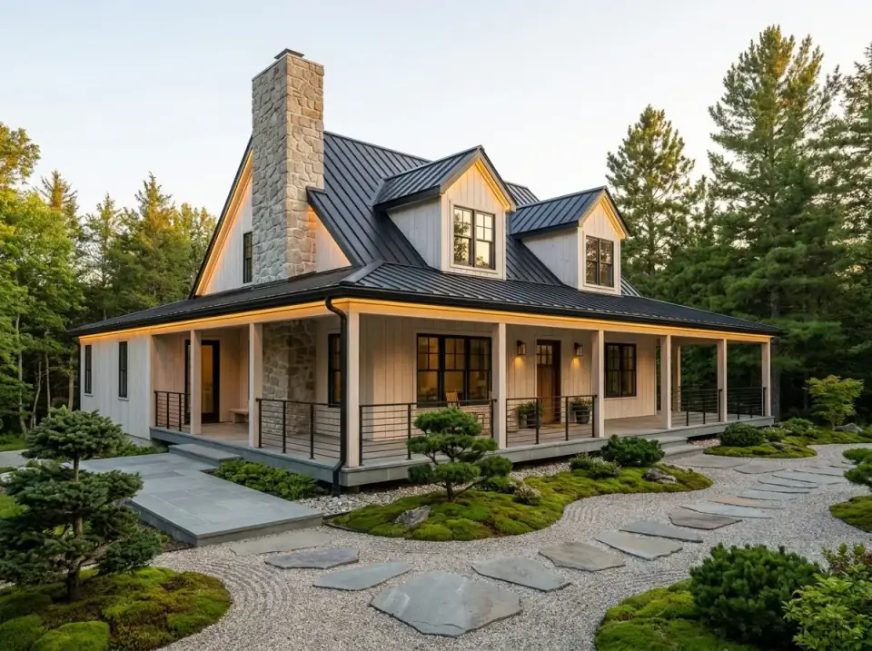 Zen farmhouse facade option for Plan 2286SL with light vertical siding, LED soffit lighting, raked gravel, and moss beds with stepping stones