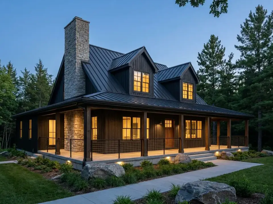 Contemporary dark lodge facade option for Plan 2286SL with charcoal board-and-batten siding, black metal roof, and dry-stack stone chimney