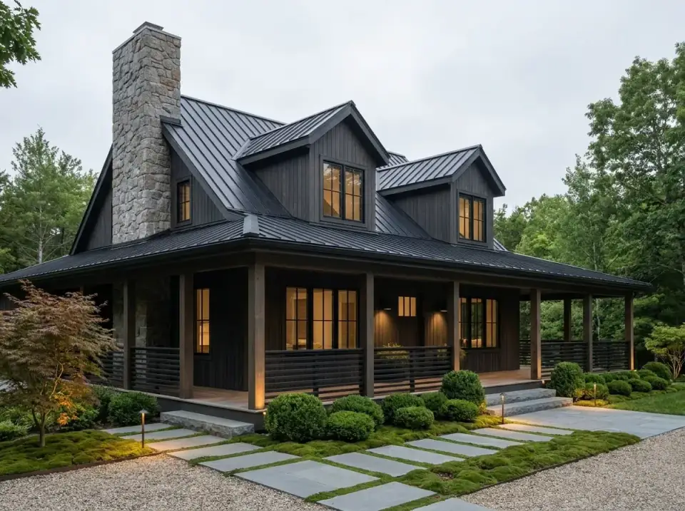 Minimalist noir facade option for Plan 2286SL with matte black siding and roof, a textured stone chimney, and bluestone pavers in moss joints