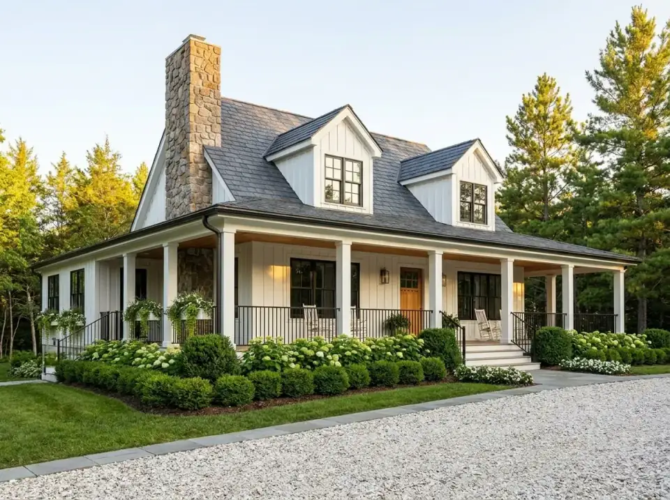 Classic cottage farmhouse facade option for Plan 2286SL with white painted siding, a dark shingle roof, stacked-stone chimney, and hydrangea borders