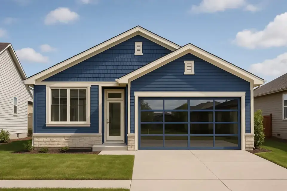 Rear elevation of the cottage ranch showing larger windows and a patio door connecting the great room to the backyard
