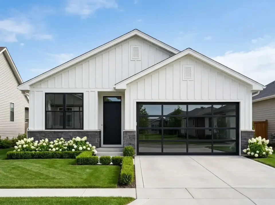 Modern farmhouse facade of the 267118SPK ranch with white board-and-batten siding, a dark stone foundation, and black window frames