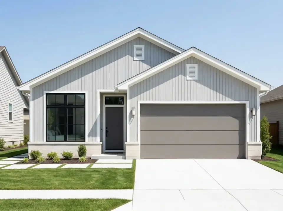 Minimalist cottage facade with pale gray vertical siding, a light stone base, a solid gray garage door, and structured paver landscaping