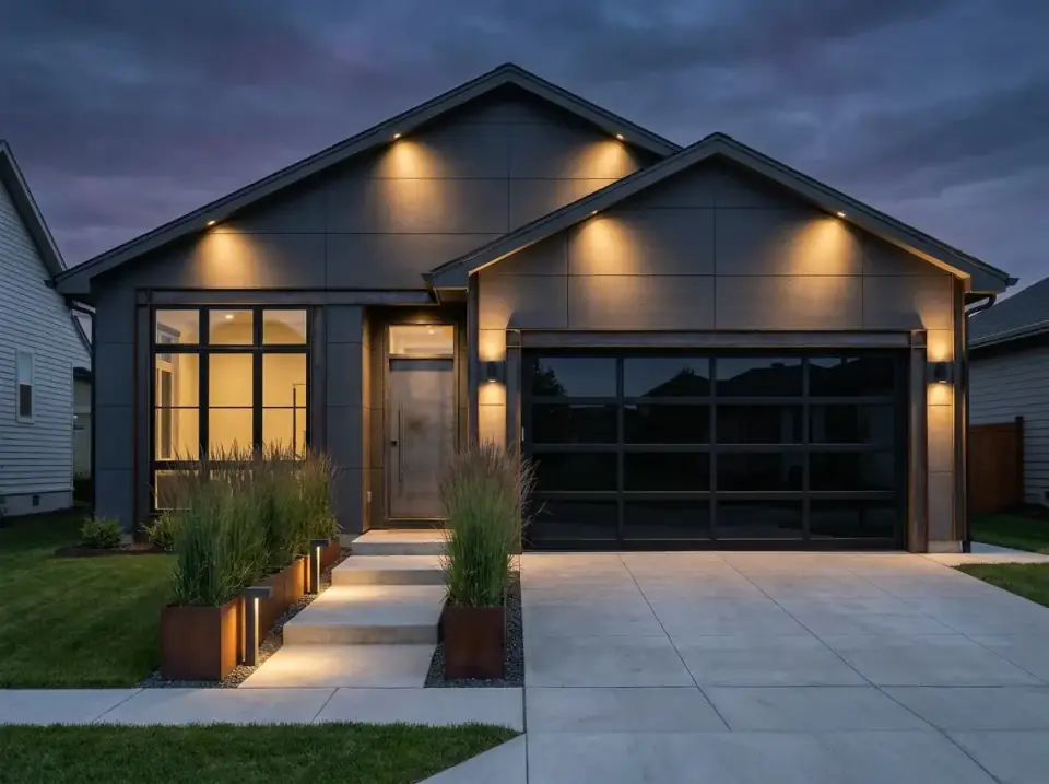 Industrial modern facade of the ranch with dark fiber-cement panel cladding, soffit uplighting, Corten steel planters, and a black glass garage door