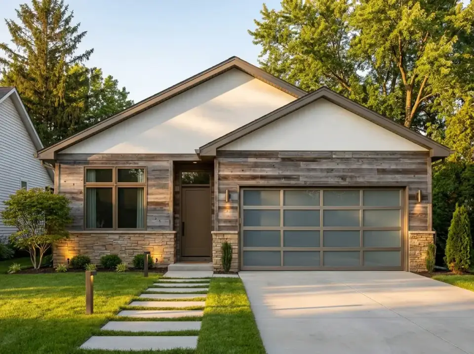 Rustic modern facade with reclaimed wood plank siding, a stacked stone base, a frosted glass garage door, and a mature tree canopy