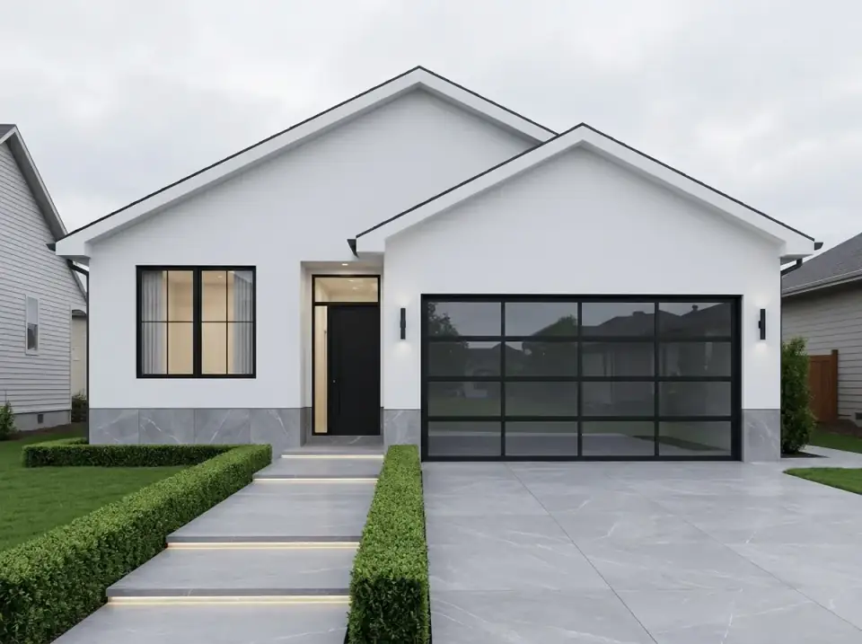 Ultra-modern facade of the 267118SPK ranch with smooth white render, gray stone cladding, black window frames, and trimmed boxwood hedges