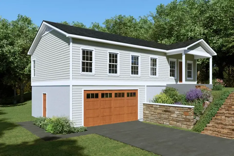 Front elevation of walkout country house plan 680682VR with light siding, white trim, dark roofing, and a covered entry porch offset to the right above a recessed lower-level garage