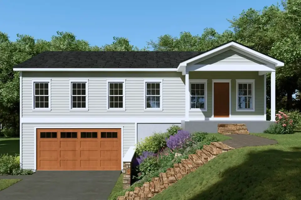 Angled rendering of plan 680682VR showing the raised-entry profile and stone retaining wall managing the sloped site