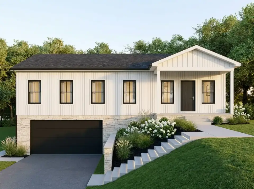 Modern farmhouse facade of plan 680682VR in white vertical board-and-batten siding over a light stone foundation with a black garage door and broad concrete entry steps