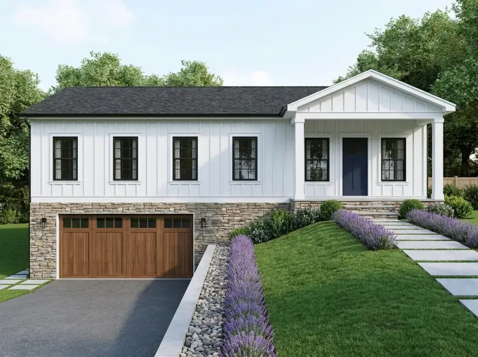 Transitional facade of plan 680682VR with heavy stone veneer on the lower level, white siding above, a stained wood garage door, and a deep blue entry door