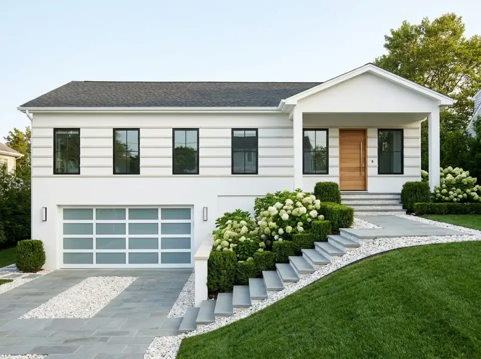 Coastal minimalist facade of plan 680682VR in smooth white horizontal siding with a frosted-glass garage door, warm wood entry door, and boxwood hedges