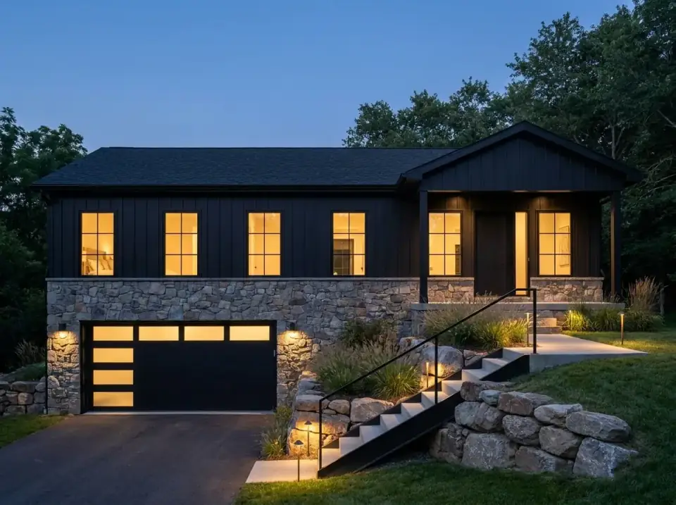 Mountain modern facade of plan 680682VR in matte black board-and-batten siding over a heavy natural stone base with glowing garage door inserts and a steel entry railing