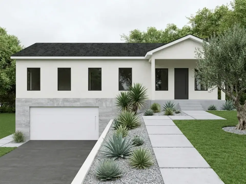 Desert modern facade of plan 680682VR in smooth white stucco with large-format gray stone veneer, black-framed windows, and a xeriscaped front of agave and olive trees