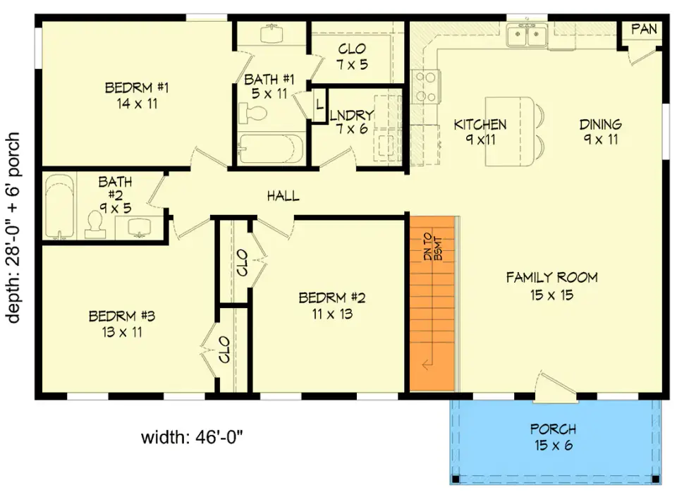 Main level floor plan of walkout country house plan 680682VR showing a clustered three-bedroom wing on the left and an open kitchen, dining, and family room on the right