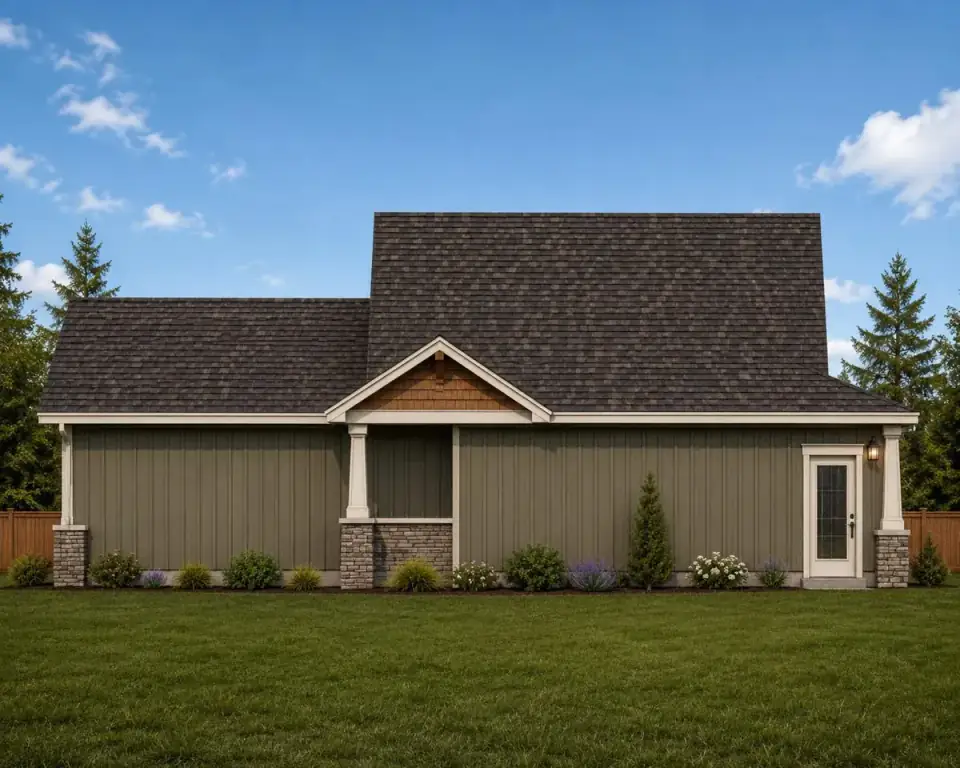 Front elevation of Craftsman ranch plan 267116SPK with board-and-batten siding, cedar shake gables, stone veneer base, timber brackets, and wood-look carriage garage doors