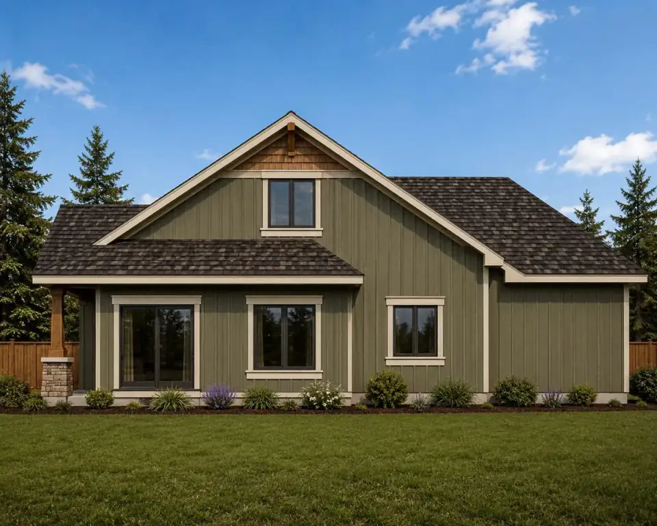 Angled exterior rendering of plan 267116SPK showing varied gable rooflines and a covered front entry porch with substantial Craftsman columns