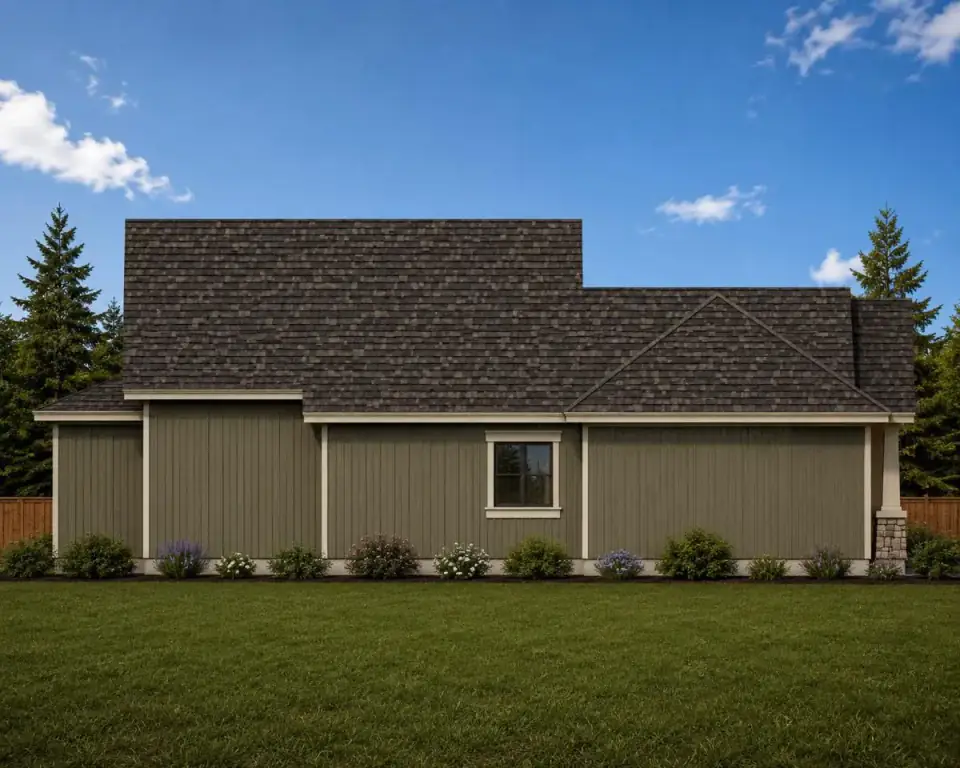 Front corner view of plan 267116SPK highlighting the mix of stone veneer, board-and-batten, and shake siding under prominent gables