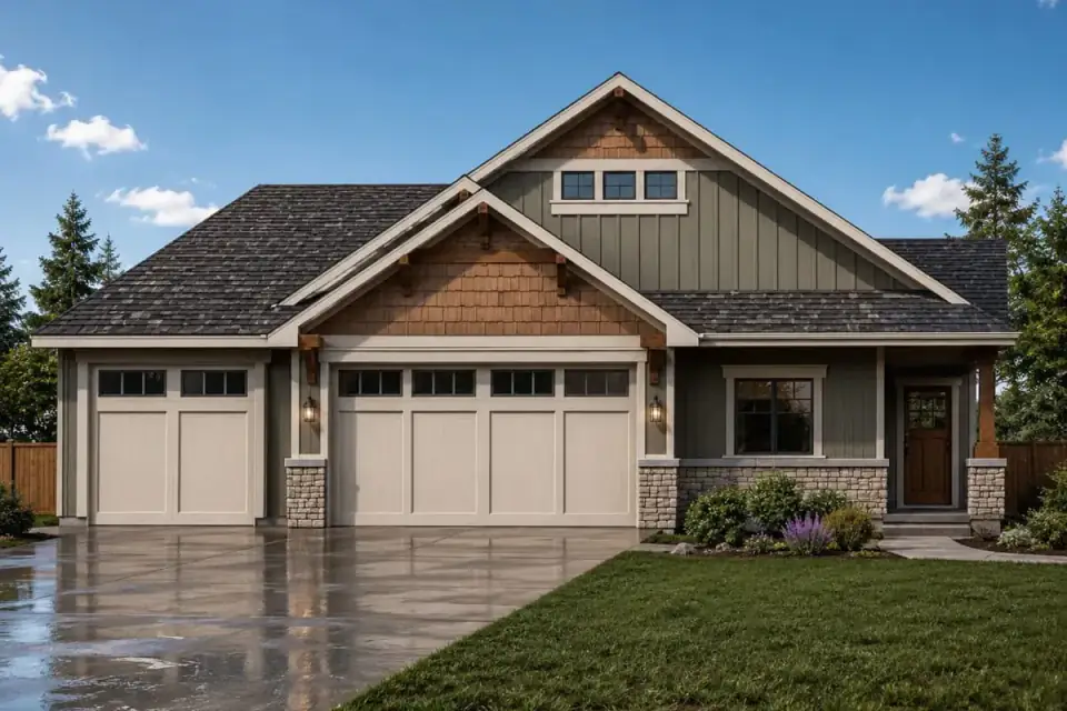 Rear or side elevation of Craftsman plan 267116SPK showing the bonus level dormers above the three-car garage