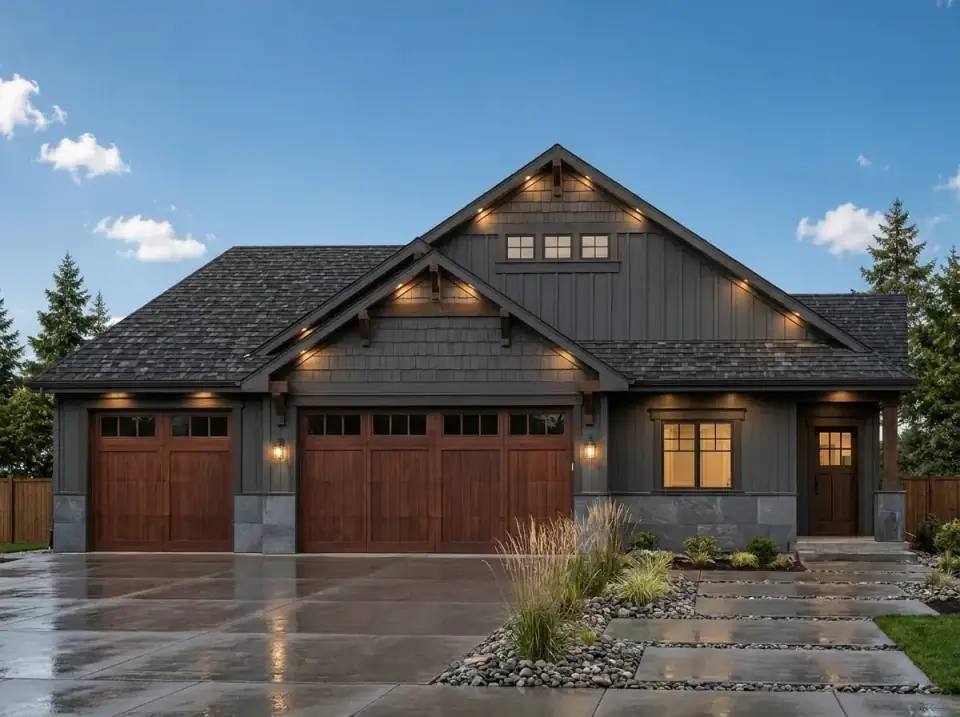 Moody Craftsman facade of plan 267116SPK in saturated charcoal gray vertical siding and shake gables with dark wood garage doors and slate stone veneer base