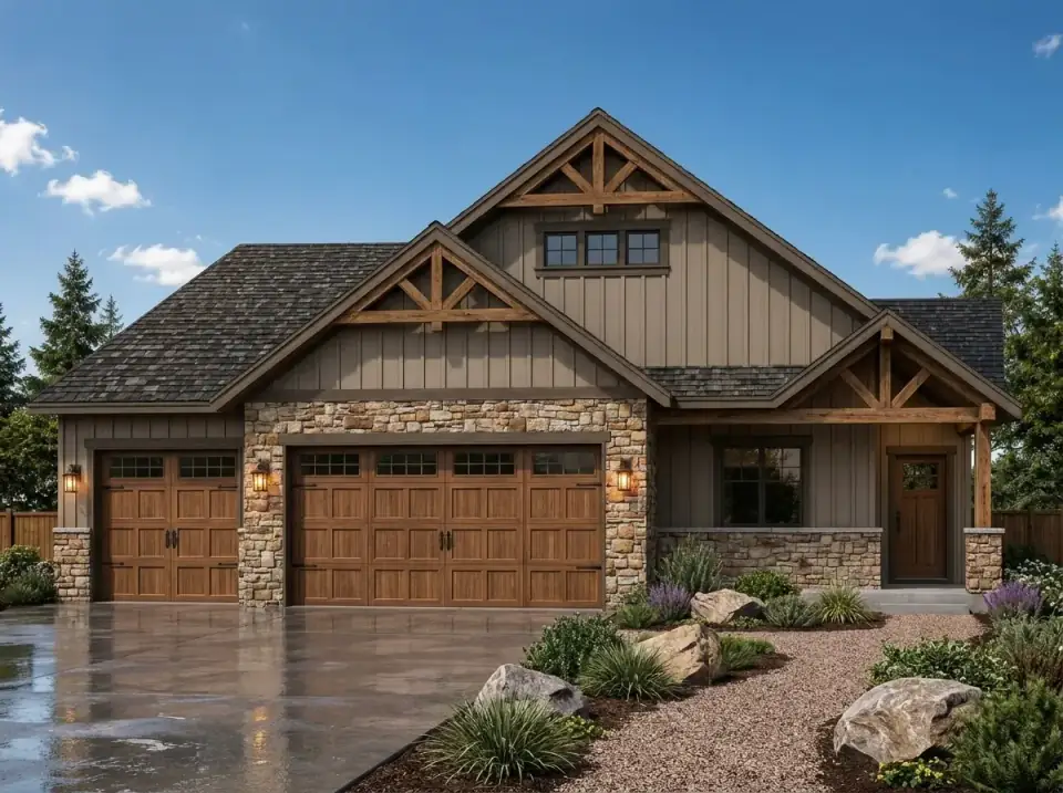 Rustic lodge facade of plan 267116SPK in warm tan siding with heavy timber trusses, variegated fieldstone veneer, and medium-oak garage doors