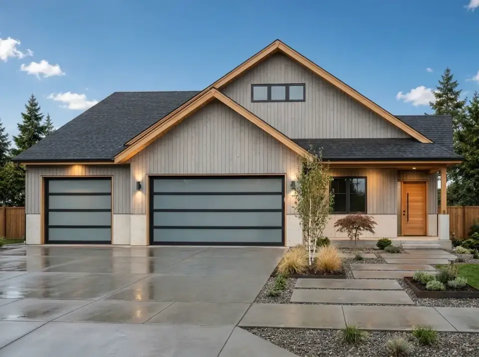 Modern minimalist facade of plan 267116SPK in clear-coated natural vertical wood cladding with frosted glass and black aluminum garage doors